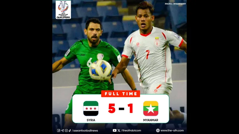 Cầu thủ Myanmar đang dốc hết sức lực để vượt qua cầu thủ Syria trong trận đấu gay cấn. Cầu thủ Myanmar đang dốc hết sức lực để vượt qua cầu thủ Syria trong trận đấu gay cấn.